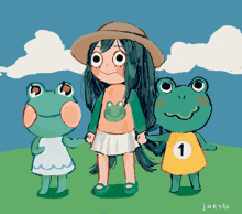 a drawing of a girl and two frogs with the number 1 on their outfits