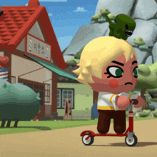 a cartoon character is riding a red scooter in front of a building with a sign that says ' s ' on it