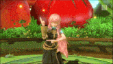 a video game character with pink hair and a black dress