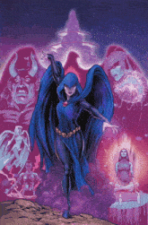 a woman in a blue cape is surrounded by a purple background