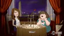 a cartoon of two women sitting at a table with the words woo on it