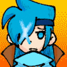 a pixel art drawing of a boy with blue hair and blue eyes .