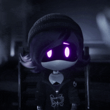 a cartoon character with purple eyes and the letter i on it