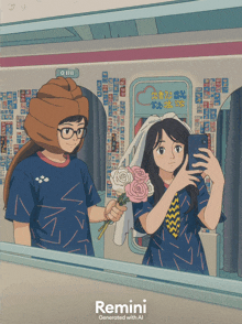 a cartoon of a girl taking a picture of herself with remini written on the bottom