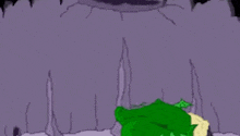 a green cartoon dragon is standing in a cave with a purple background .