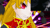 a cartoon of a girl with red eyes and a purple background