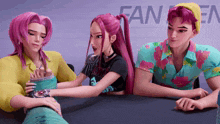 three cartoon characters are sitting at a table in front of a wall with the word fan on it