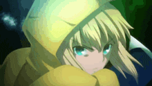a blonde anime character with blue eyes and a yellow hood