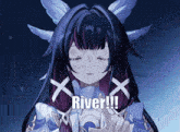a girl with purple hair and white wings says river !!