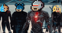 a group of pixelated characters standing next to each other including robocop