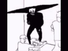 a black and white drawing of a group of people standing around a table .