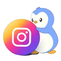 a blue penguin is holding a circle with an instagram logo on it