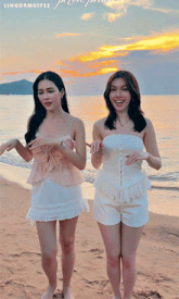 two women standing on a beach with the words lingormgifss on the bottom right