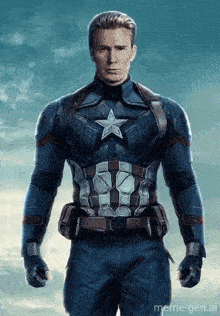 captain america is standing in front of a blue sky