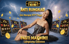 a woman is laying on a rock in front of a screen that says ' pasti maxwin '