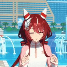 a girl with red hair and white ears is wearing a shirt that says super