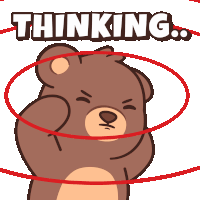 a teddy bear is surrounded by a red circle with the word thinking above it