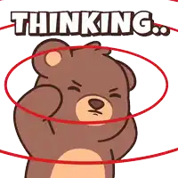 a teddy bear is surrounded by a red circle with the word thinking above it