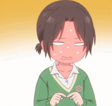 a cartoon of a girl wearing a green sweater with a badge that says ' tokyo university ' on it