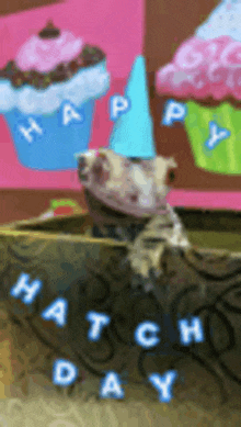 a picture of a lizard wearing a party hat with the words happy hatch day written below it