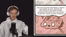 a man wearing headphones talking into a microphone next to a picture of a brain
