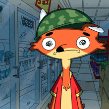 a cartoon of a fox wearing a helmet in front of a chesco sign