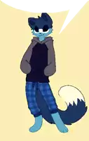 a cartoon drawing of a blue fox wearing plaid pants and a hoodie