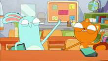 a rabbit and a squirrel are sitting at a desk in front of a bulletin board with sticky notes on it