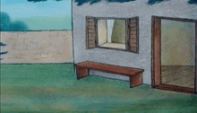a drawing of a house with a window and a bench in front of it