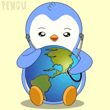 a cartoon penguin is holding a globe with a stethoscope around its neck