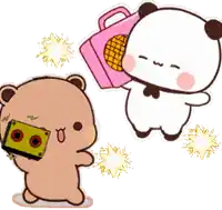 two cartoon bears are standing next to each other . one bear is holding a cassette tape .