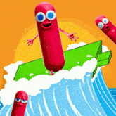 a cartoon of a sausage riding a green wave
