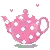 a pixel art illustration of a pink teapot with white polka dots on it .