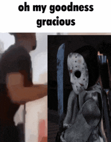 a picture of a man holding a knife next to a picture of jason voorhees holding a knife
