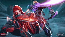a poster for marvel rivals shows a woman holding a gun and a man holding a bow and arrow