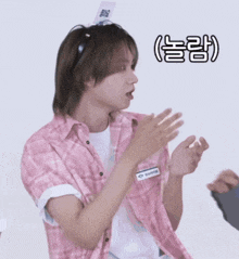a man wearing a pink plaid shirt with a name tag that says sunny