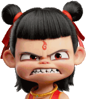 a cartoon character with a red flame on her forehead is making an angry face