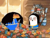 a couple of cartoon characters standing next to each other on a pile of chips .