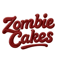a logo for zombie cakes that looks like red icing