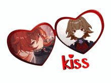 two red hearts with a girl and the word kiss on the bottom