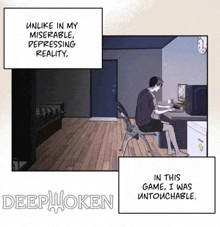 a man sits at a desk in a dark room with the words " unlike in my miserable depressing reality " on the bottom