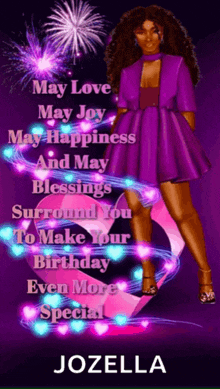 a woman in a purple dress is surrounded by hearts and fireworks ..