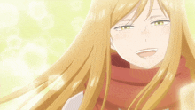 a close up of a girl with long blonde hair wearing a red scarf