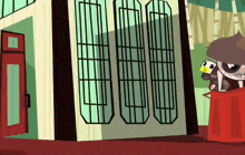 a cartoon character is standing in front of a door