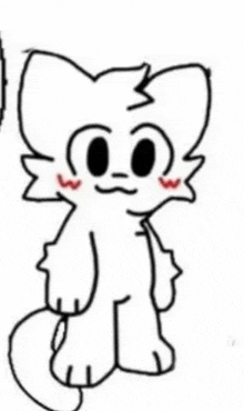 a black and white drawing of a cat with red cheeks and a red nose .