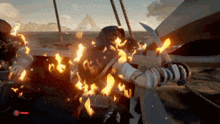 a screenshot of a video game shows a pirate being killed by a shark