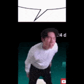 a man in a white sweater is standing in front of a speech bubble that says 24 d