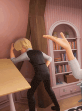a cartoon character is standing in a room with a bookshelf