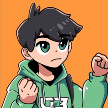 a cartoon of a boy wearing a green hoodie with the letter g on the front