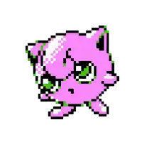 a pixel art of a pink pokemon with green eyes